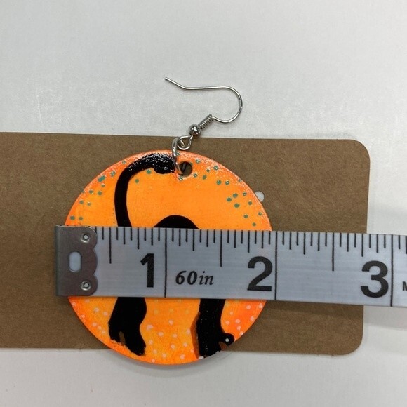 Halloween Black Cat Wooden One-Of-A-Kind Hand Painted Earrings Handmade Witchy - Picture 10 of 10